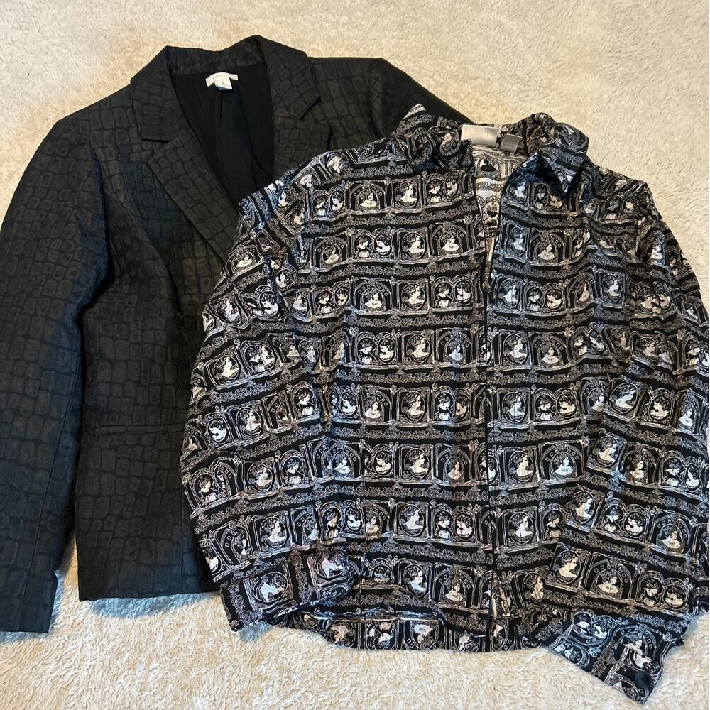 Chicos Blazer 1 Medium Black White Textured Cameo Silk Blend Lot of 2